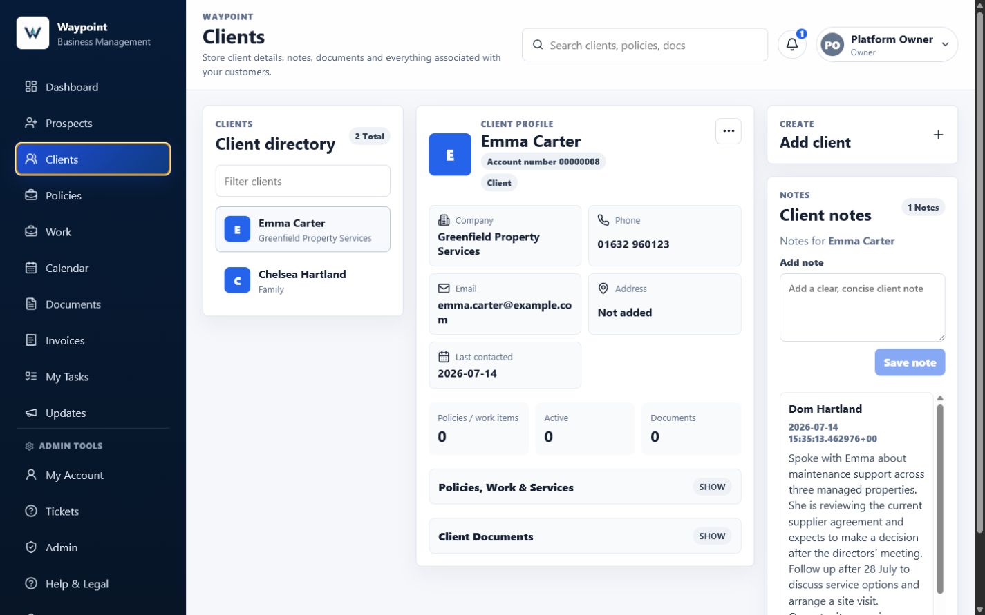 Waypoint client profile for Emma Carter after conversion, showing the same contact details and original conversation note