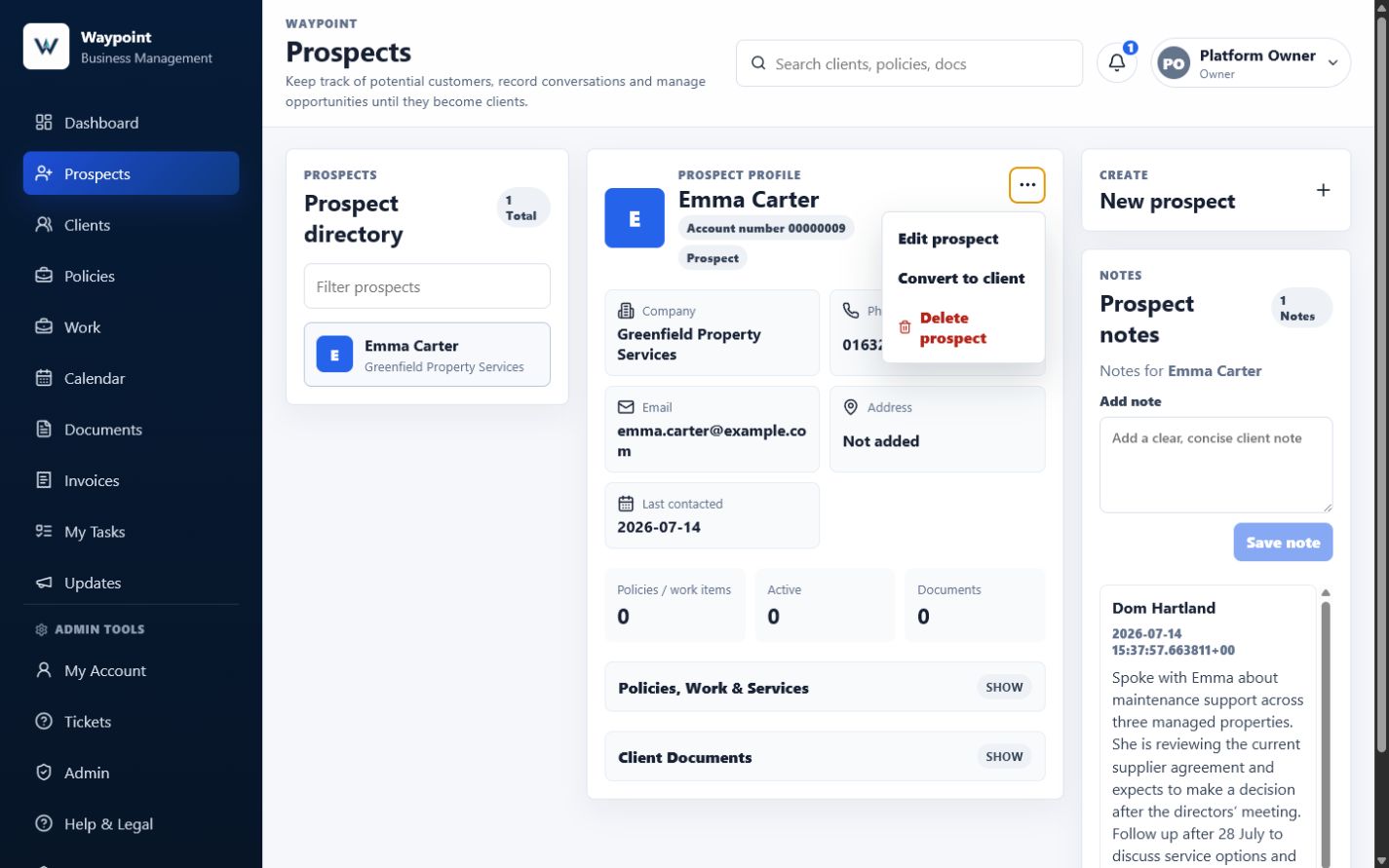Waypoint prospect ellipsis menu showing Edit prospect, Convert to client and Delete prospect actions