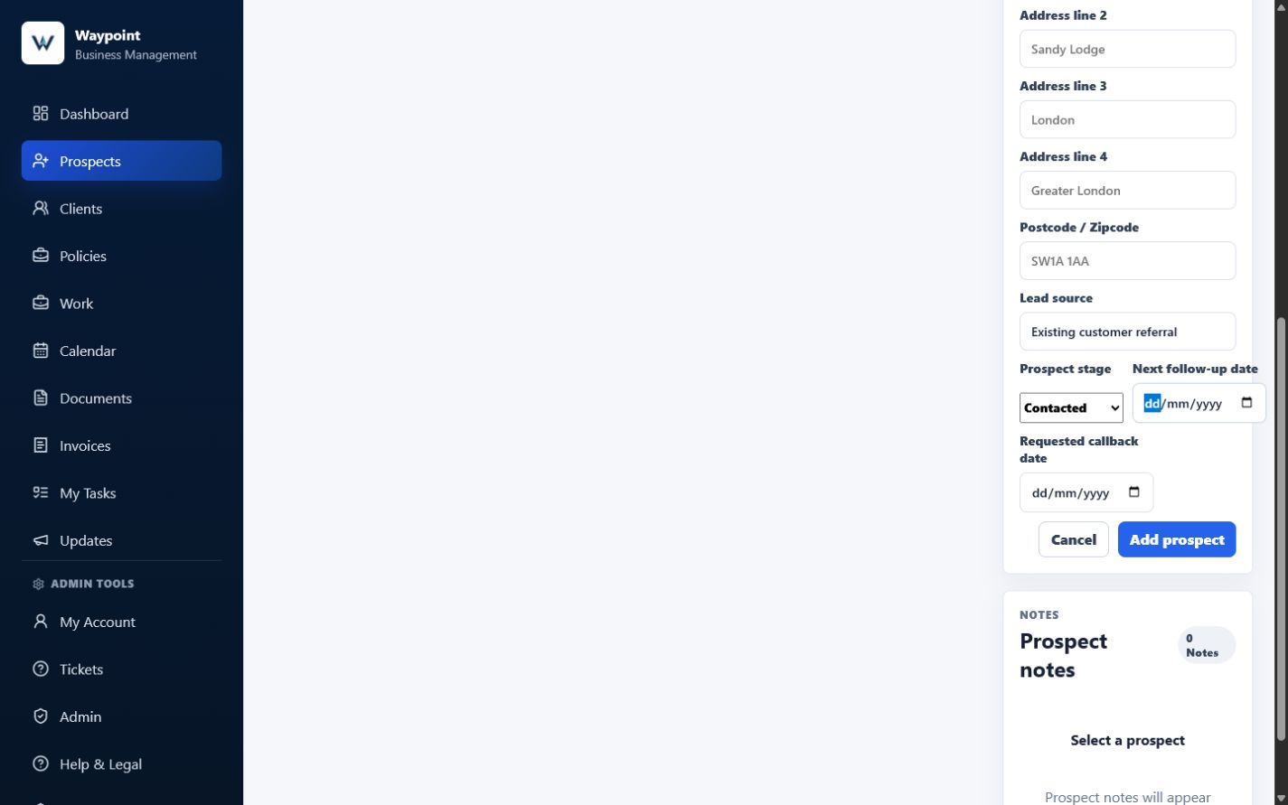 Waypoint New prospect form showing Greenfield Property Services, an existing customer referral, Contacted stage and the Next follow-up date field