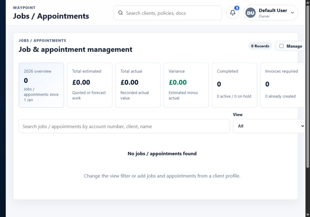 Waypoint Jobs list showing customer work and current job statuses