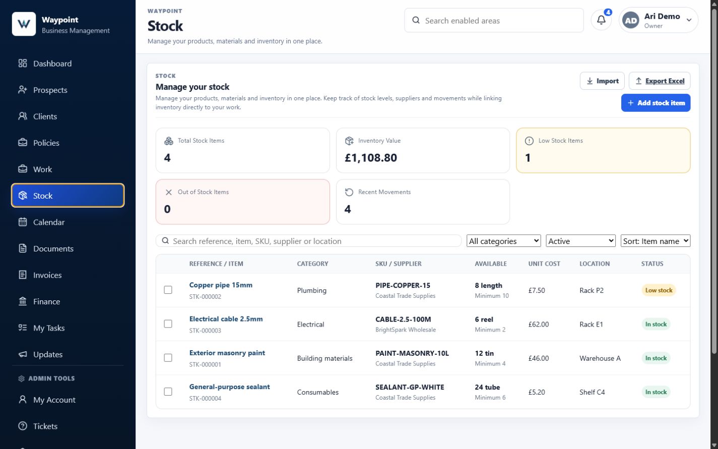 Waypoint Stock overview for South Coast Property Care Demo showing four stock items, inventory value and one low-stock item